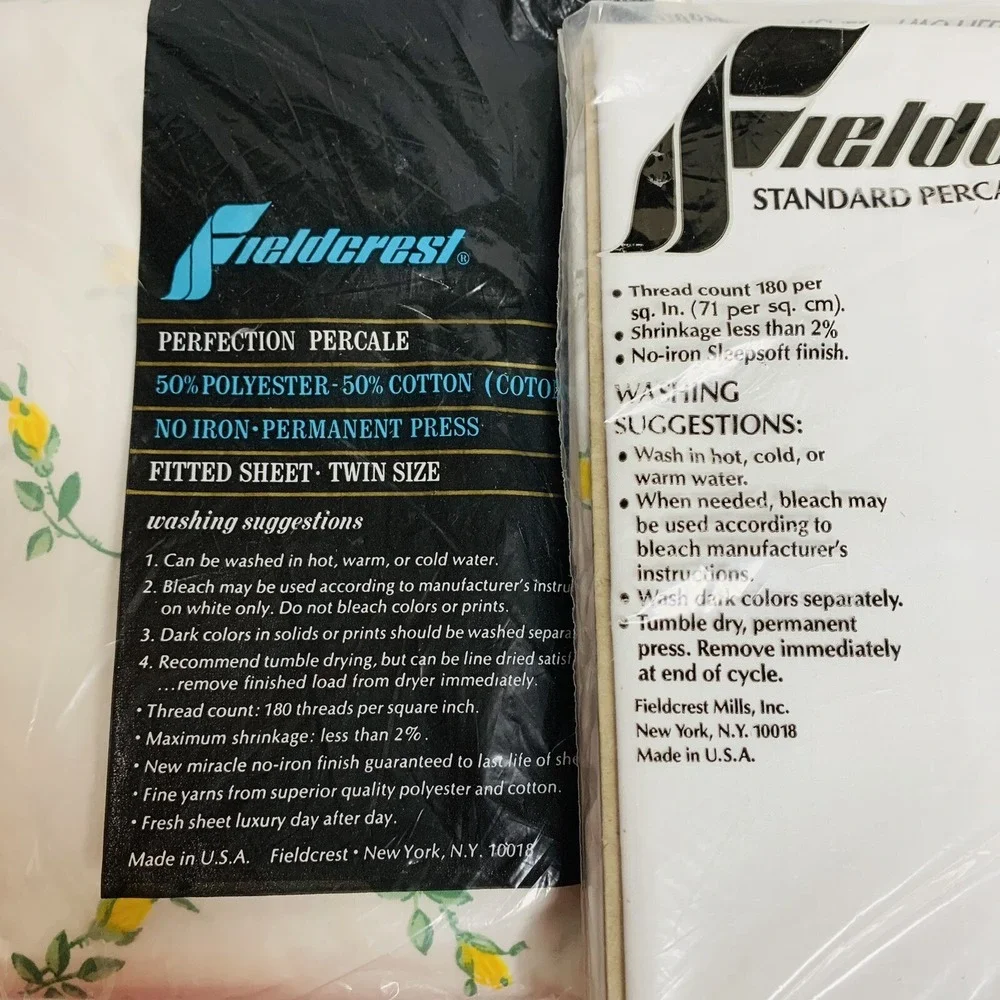Vtg Fieldcrest Percal Fitted Twin Sheet & 2 Pillowcases Yellow Green Roses NEW